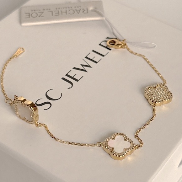 Rachel Zoe Clover Bracelet Mother of Pearl &Cubic Zirconia 925 Sterling Silver - Picture 2 of 8